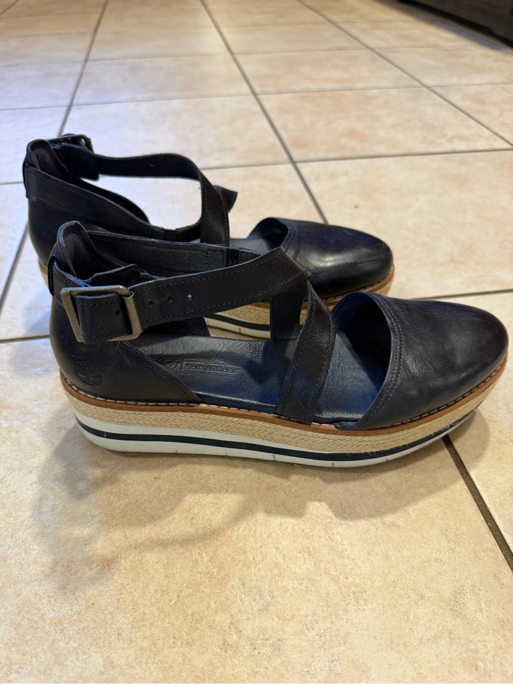 Timberland Women’s Navy Leather Platform Sandal with Ankle Strap